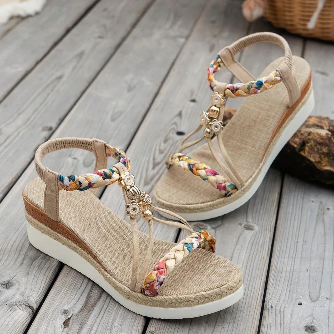 Womens Low Wedge Heels Sandals Shoes,Wide Width Platform Wedge Sandals for Women Summer Dressy,Comfort Walking Non Slip Casual Summer Beach Sandals Ankle Elastic Bohemian Woven Sandals