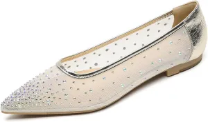 Women's Mesh Rhinestone Flat Ballet Loafers Sexy Pointed Toe Soft Bottom Non-Slip Breathable Slip-On Flats for Party, Evening Party, Date