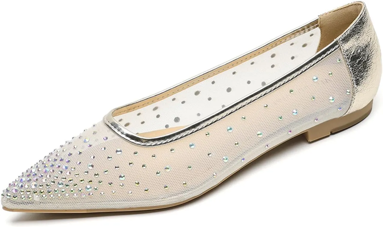 Women's Mesh Rhinestone Flat Ballet Loafers Sexy Pointed Toe Soft Bottom Non-Slip Breathable Slip-On Flats for Party, Evening Party, Date