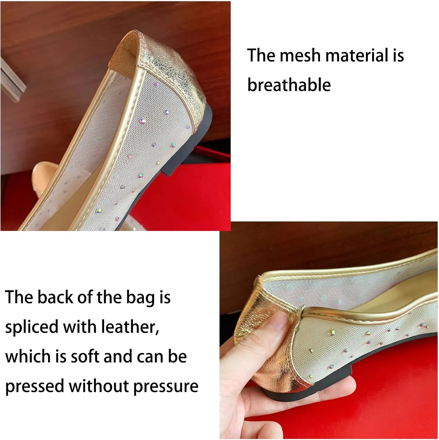 Women's Mesh Rhinestone Flat Ballet Loafers Sexy Pointed Toe Soft Bottom Non-Slip Breathable Slip-On Flats for Party, Evening Party, Date