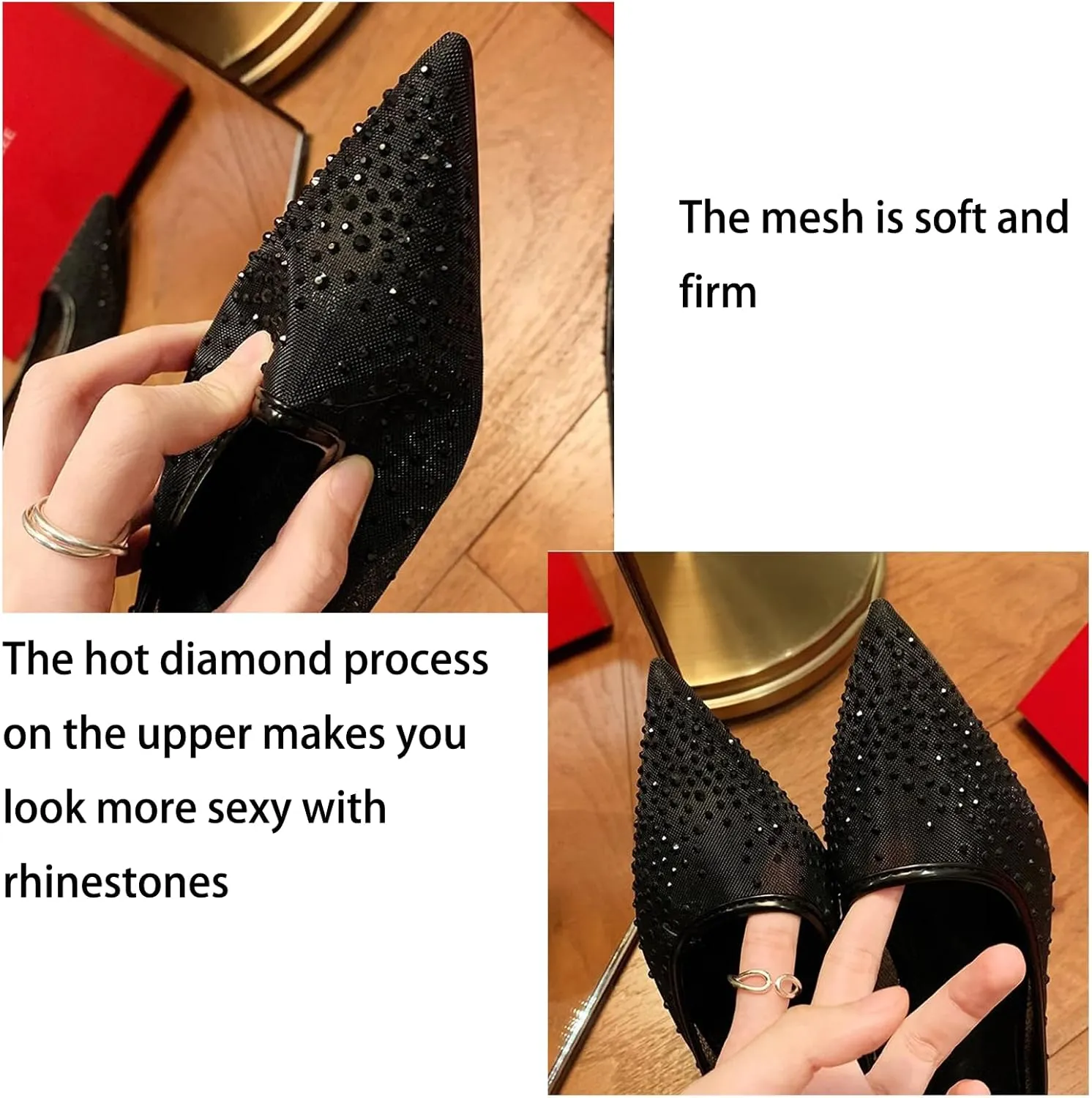 Women's Mesh Rhinestone Flat Ballet Loafers Sexy Pointed Toe Soft Bottom Non-Slip Breathable Slip-On Flats for Party, Evening Party, Date