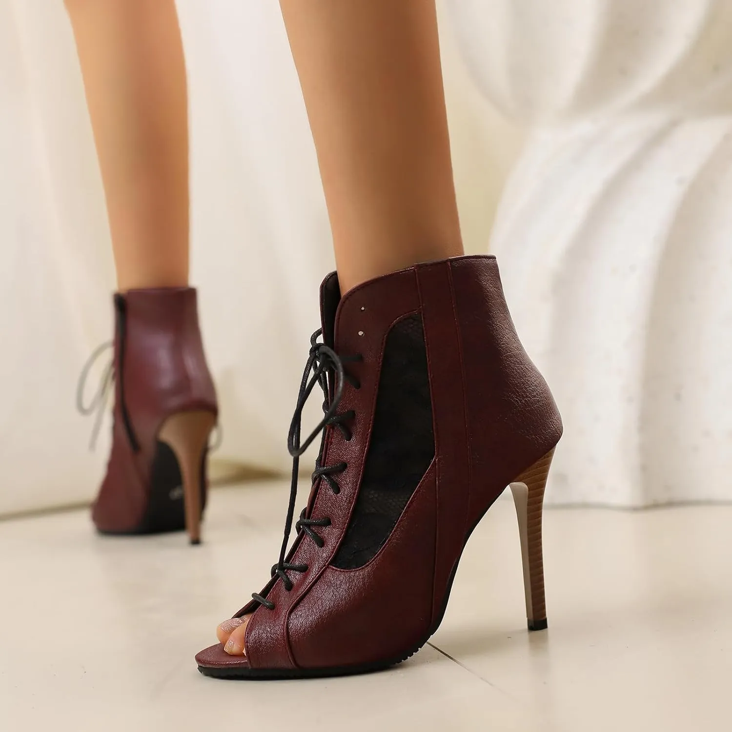 Women's Mesh Sandals Peep Toe High Top Sandals Lace Up Summer Boots Side-zip Party Sexy Pump Shoes Open Toe