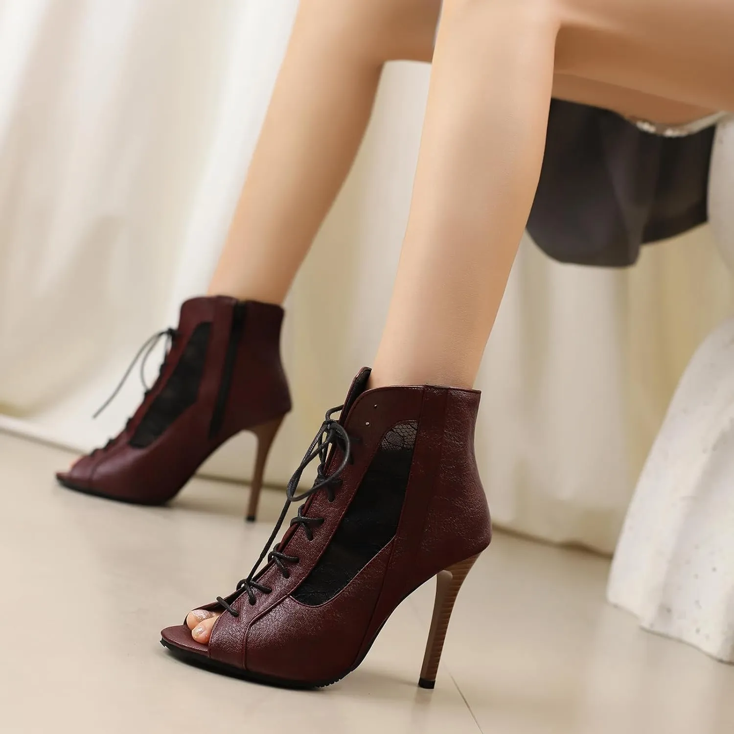 Women's Mesh Sandals Peep Toe High Top Sandals Lace Up Summer Boots Side-zip Party Sexy Pump Shoes Open Toe