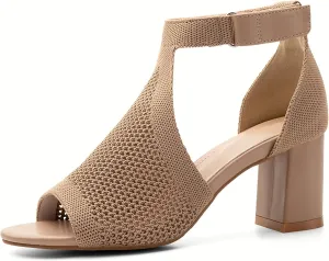 Womens Mousse Fit Knit Ankle Strap Pumps Open Toe Block Chunky Heeled Sandals