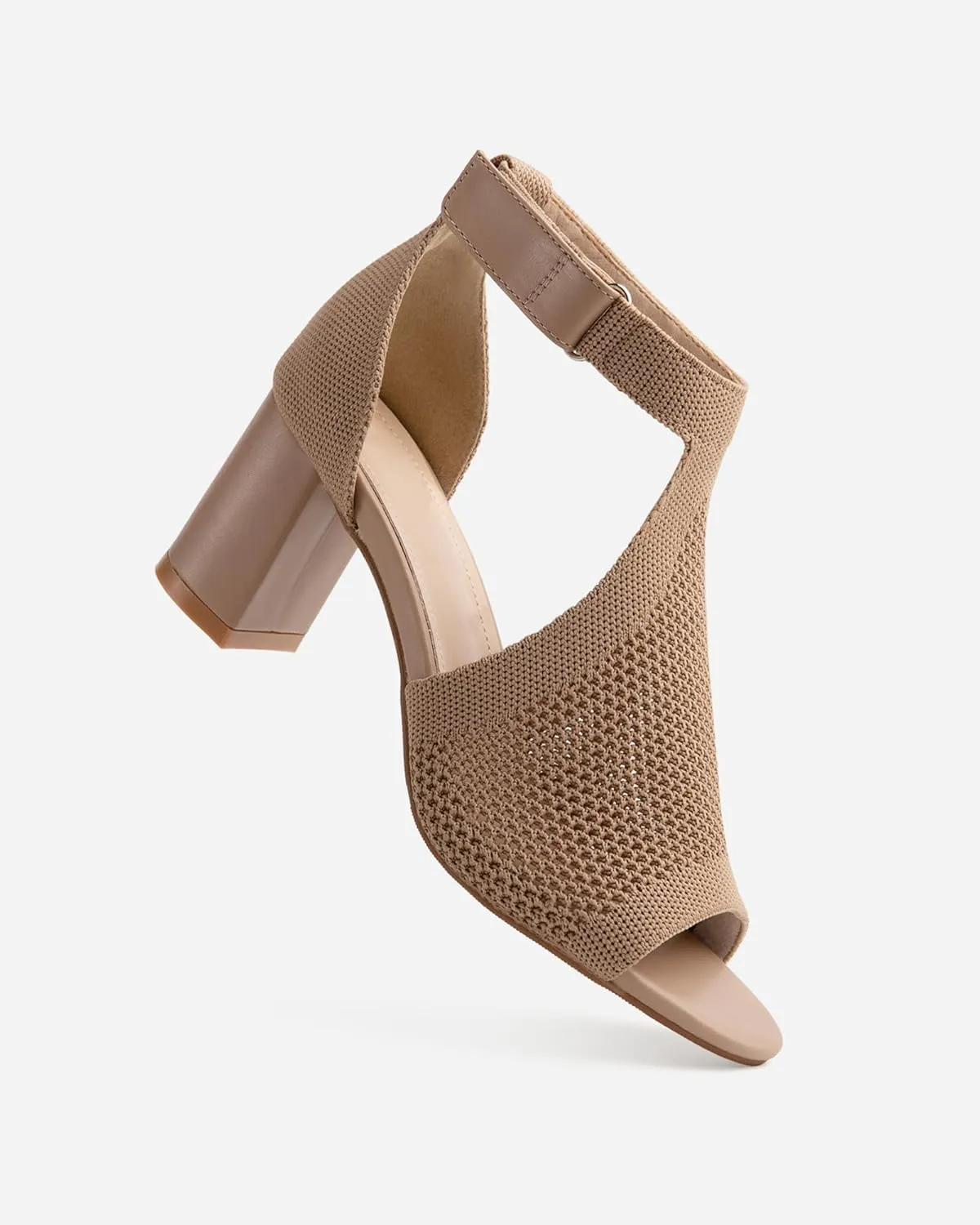 Womens Mousse Fit Knit Ankle Strap Pumps Open Toe Block Chunky Heeled Sandals