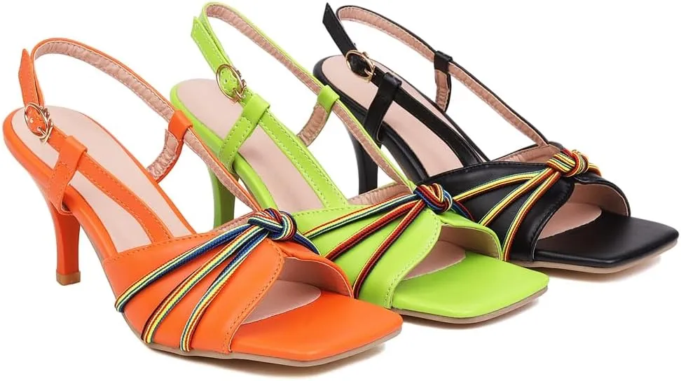 Women's Open Toe Slingback Kitten Heeled Sandals Knot Stilettos High Heels Evening Party Dressy Sandal
