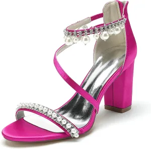 Women's Open Toe Wedding Dress Pumps Block Chunky Heels Bridal Shoes Pearls Ankle Strap Evening Party Prom Summer Sandals