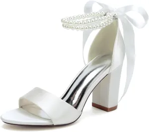 Women's Pearl Block Heel Wedding Shoes for Bride Open Toe Satin Chunky Heeled Bridal Sandals for Women