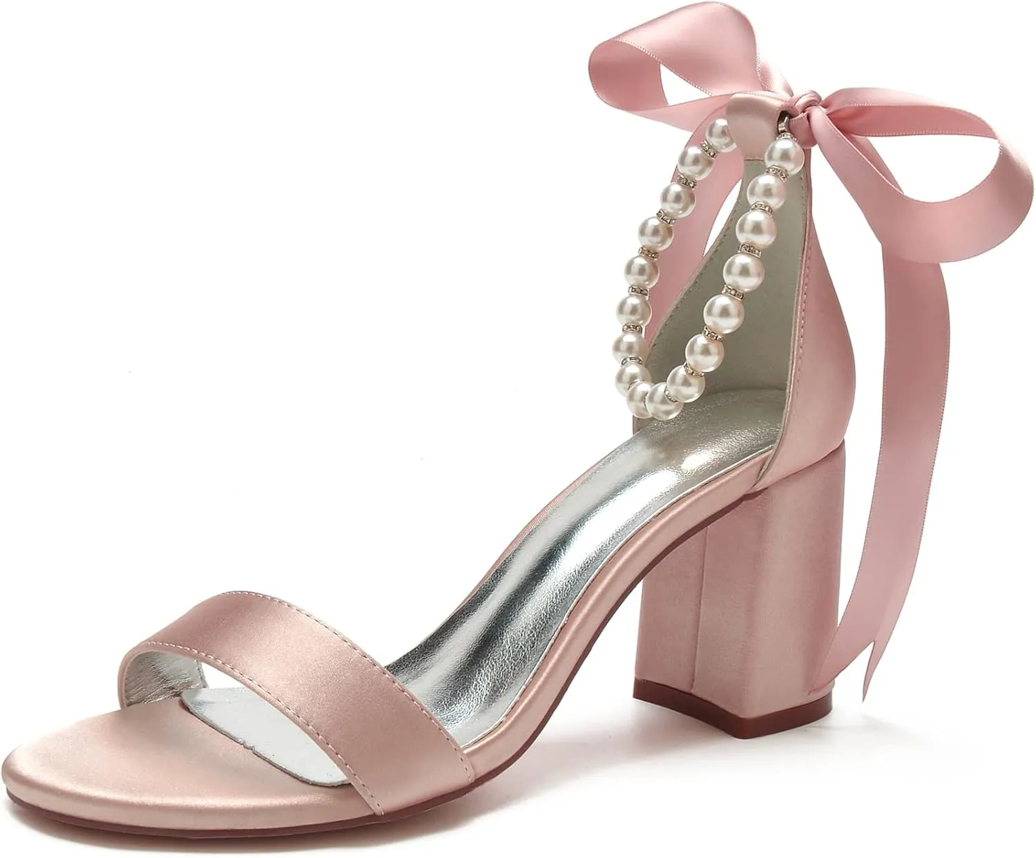Women's Pearl Wedding Shoes for Bride Block Heel Wedding Sandals Open Toe Briesmaid Shoes Dressy Heels Sandals