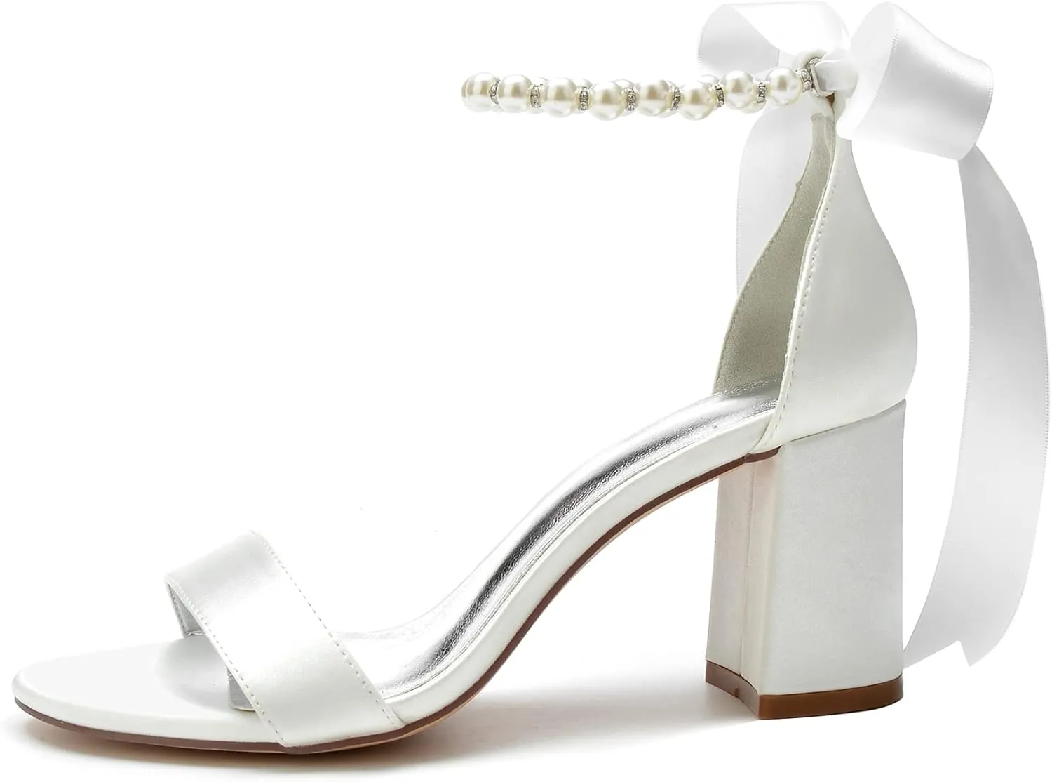 Women's Pearl Wedding Shoes for Bride Block Heel Wedding Sandals Open Toe Briesmaid Shoes Dressy Heels Sandals