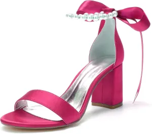 Women's Pearl Wedding Shoes for Bride Block Heel Wedding Sandals Open Toe Briesmaid Shoes Dressy Heels Sandals