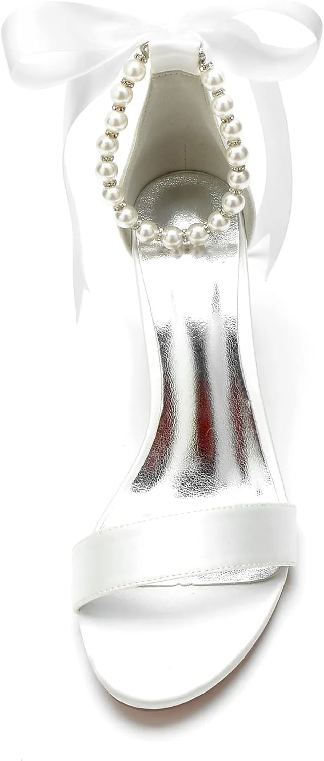 Women's Pearl Wedding Shoes for Bride Block Heel Wedding Sandals Open Toe Briesmaid Shoes Dressy Heels Sandals