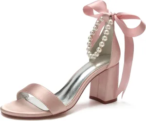 Women's Pearl Wedding Shoes for Bride Block Heel Wedding Sandals Open Toe Briesmaid Shoes Dressy Heels Sandals