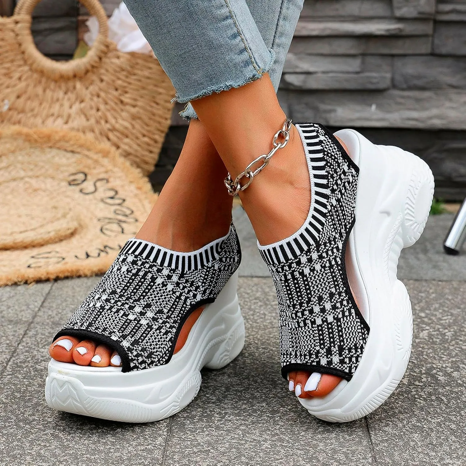 Women's Peep Toe Platform Sneakers Summer Athletic Sport Walking Sandals Arch Support Comfy Orthotic Sandal Slip Ons
