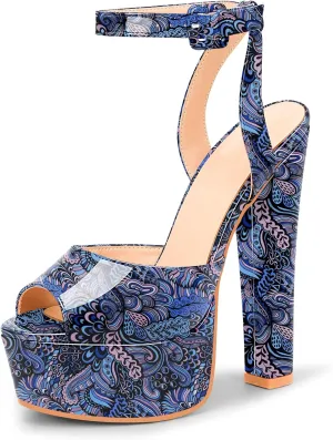 Women's Platform Chunky High Heel Sandals Open-Toe Ankle Strap Party Evening Shoes