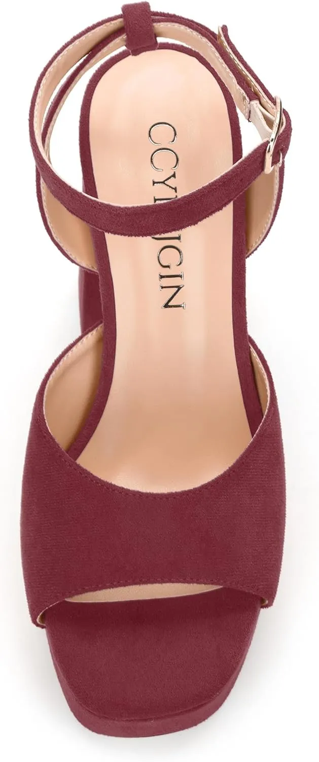 Women's Platform Heels Sandals, Ankle Strap Block Chunky Heel Suede Peep Toe Sandals, Fashion Dress Wedding High Heeled Wedges Pumps