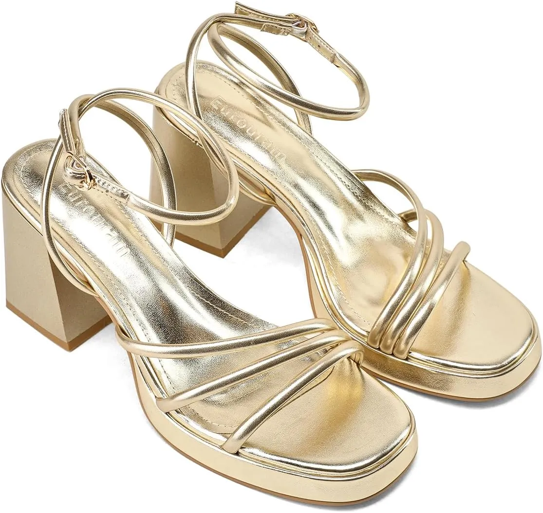 Women's Platform Heels Strappy heeled sandals with lace-up ankle straps Square open toe Suitable for weddings, work, party dresses