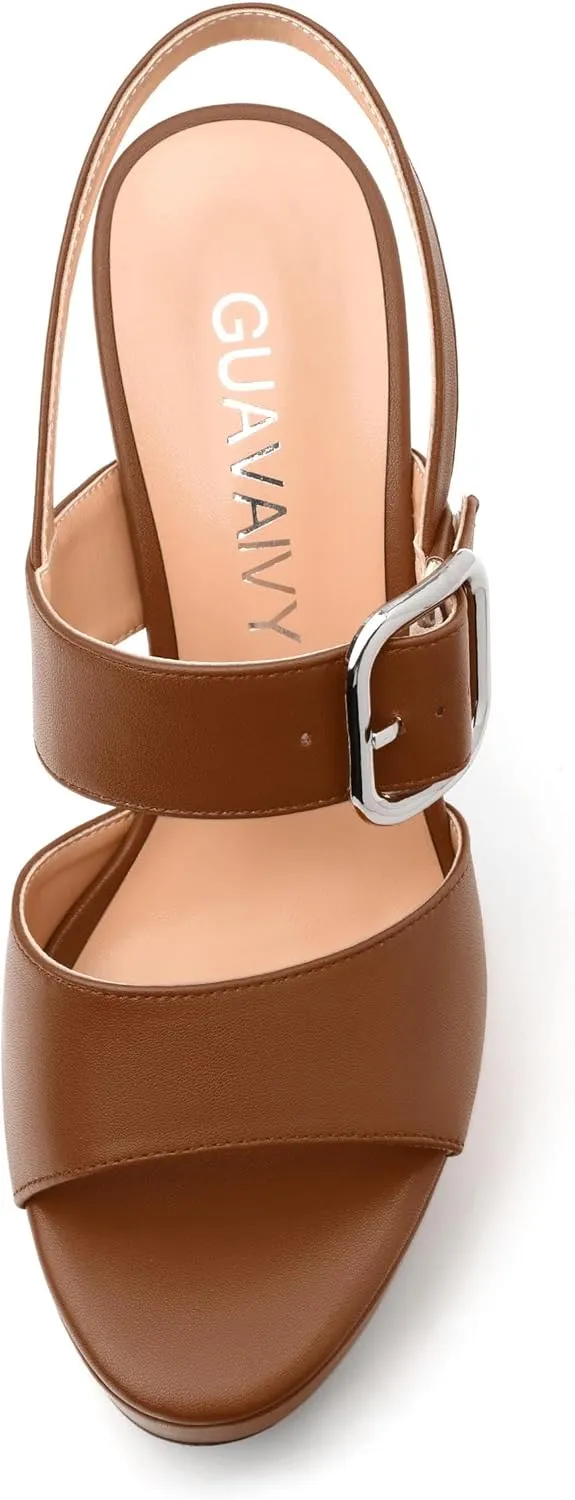 Women's Platform Sandals, Round Toe Chunky High Heels, Fashion Ankle Strap Buckle Heeled Sandal 4.8 Inch