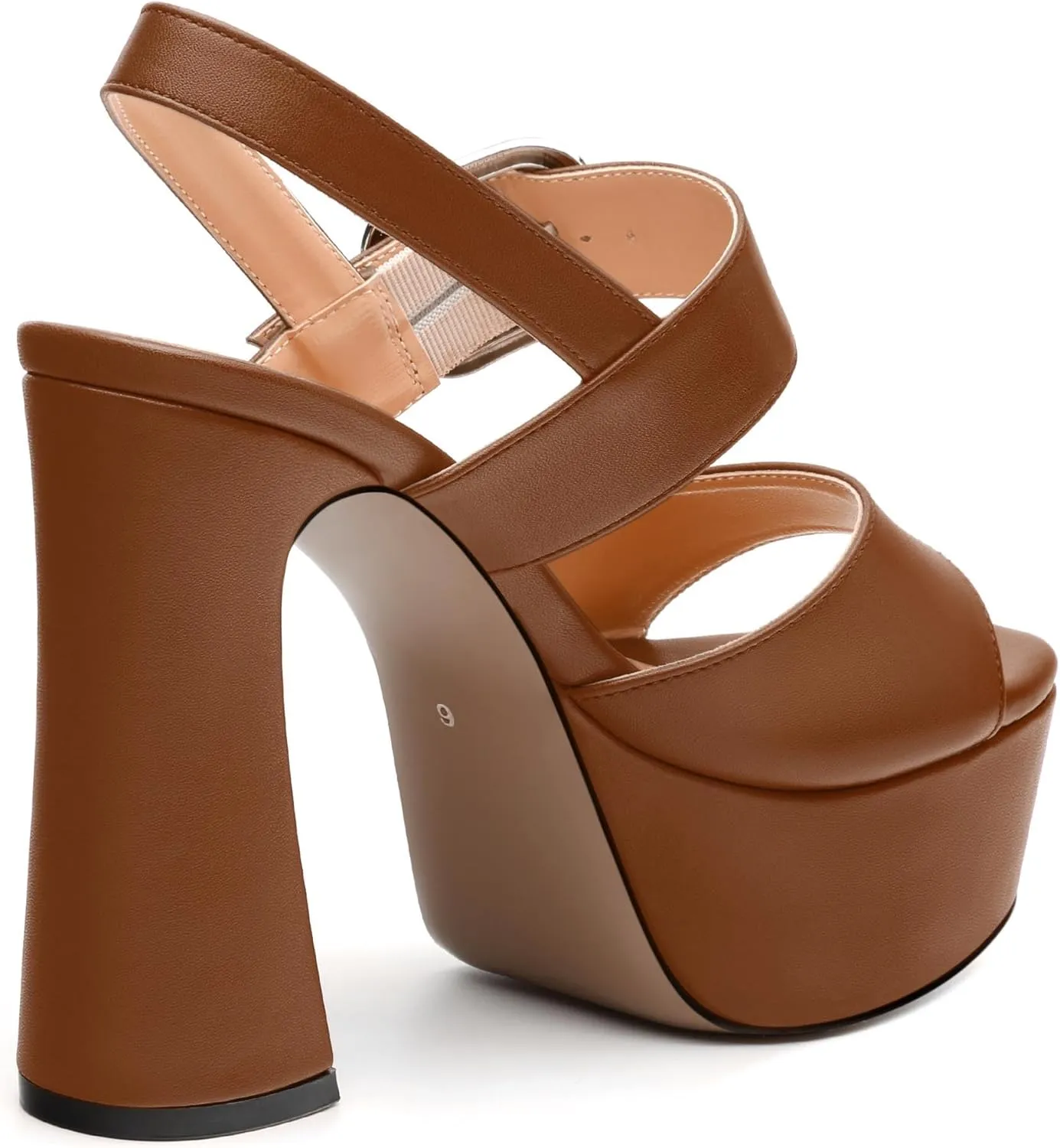 Women's Platform Sandals, Round Toe Chunky High Heels, Fashion Ankle Strap Buckle Heeled Sandal 4.8 Inch