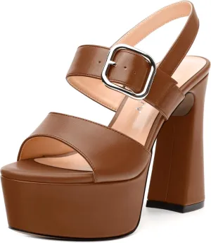 Women's Platform Sandals, Round Toe Chunky High Heels, Fashion Ankle Strap Buckle Heeled Sandal 4.8 Inch