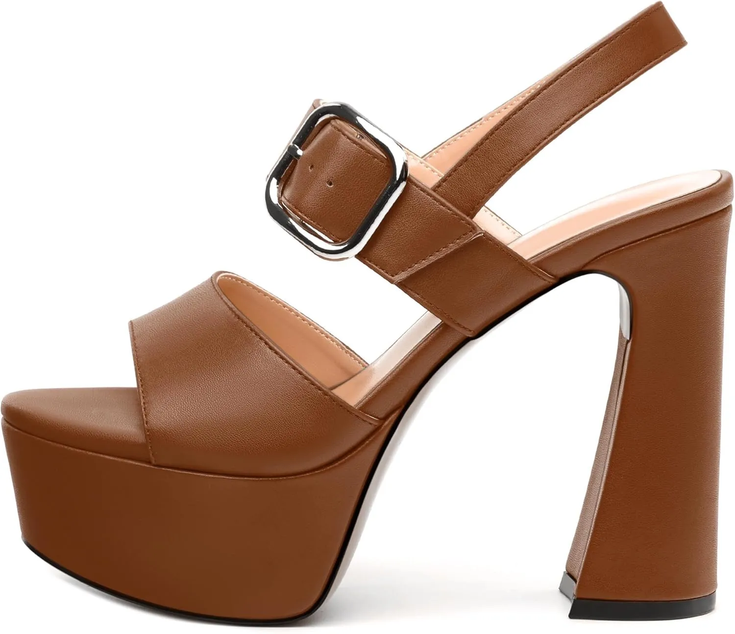 Women's Platform Sandals, Round Toe Chunky High Heels, Fashion Ankle Strap Buckle Heeled Sandal 4.8 Inch