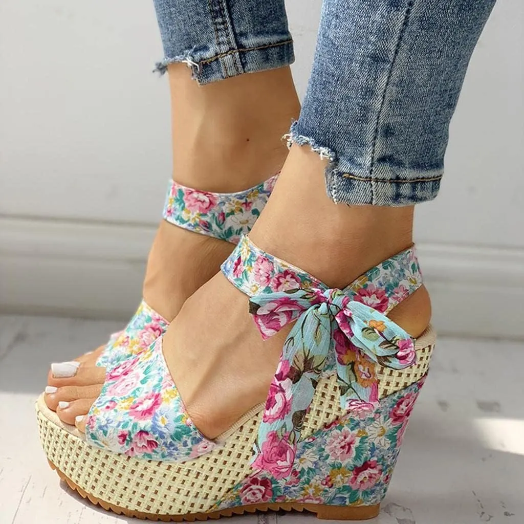 Women's Platform Sandals Wedge Open Toe Ankle Strap Lace Wedding Bridesmaid Shoes Bohemia Comfortable Low Heel Rhinestone