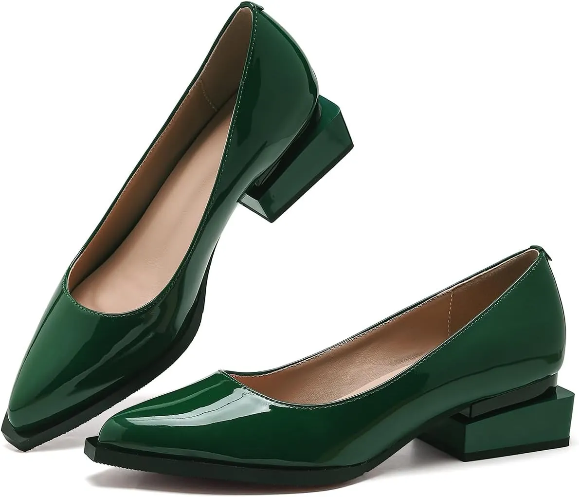 Women's Pump Shoes Overlapping Squared Chunky Red Heel Pointed Toe Pull On Patent PU Leather Daily Comfortable Women Dress Shoes