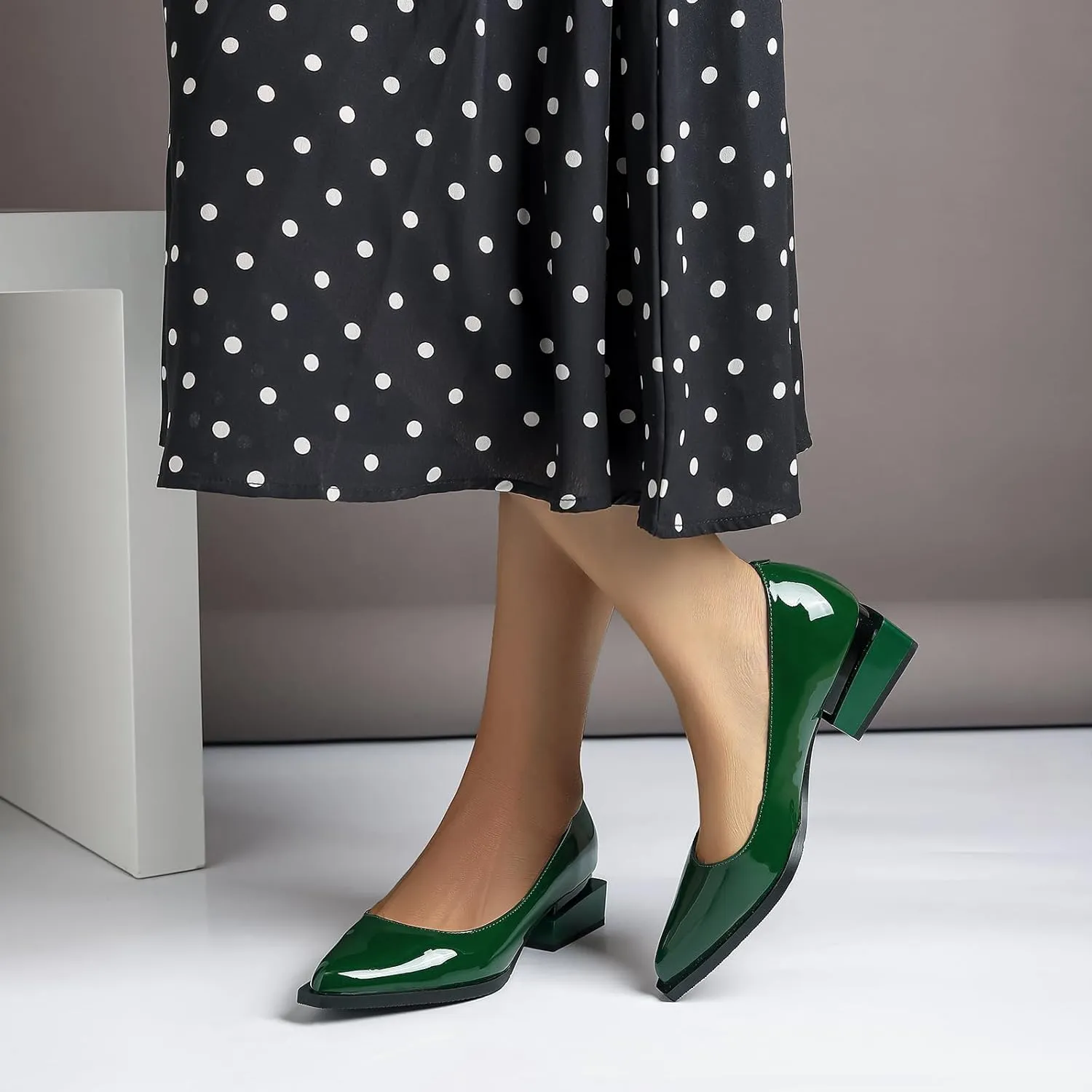 Women's Pump Shoes Overlapping Squared Chunky Red Heel Pointed Toe Pull On Patent PU Leather Daily Comfortable Women Dress Shoes