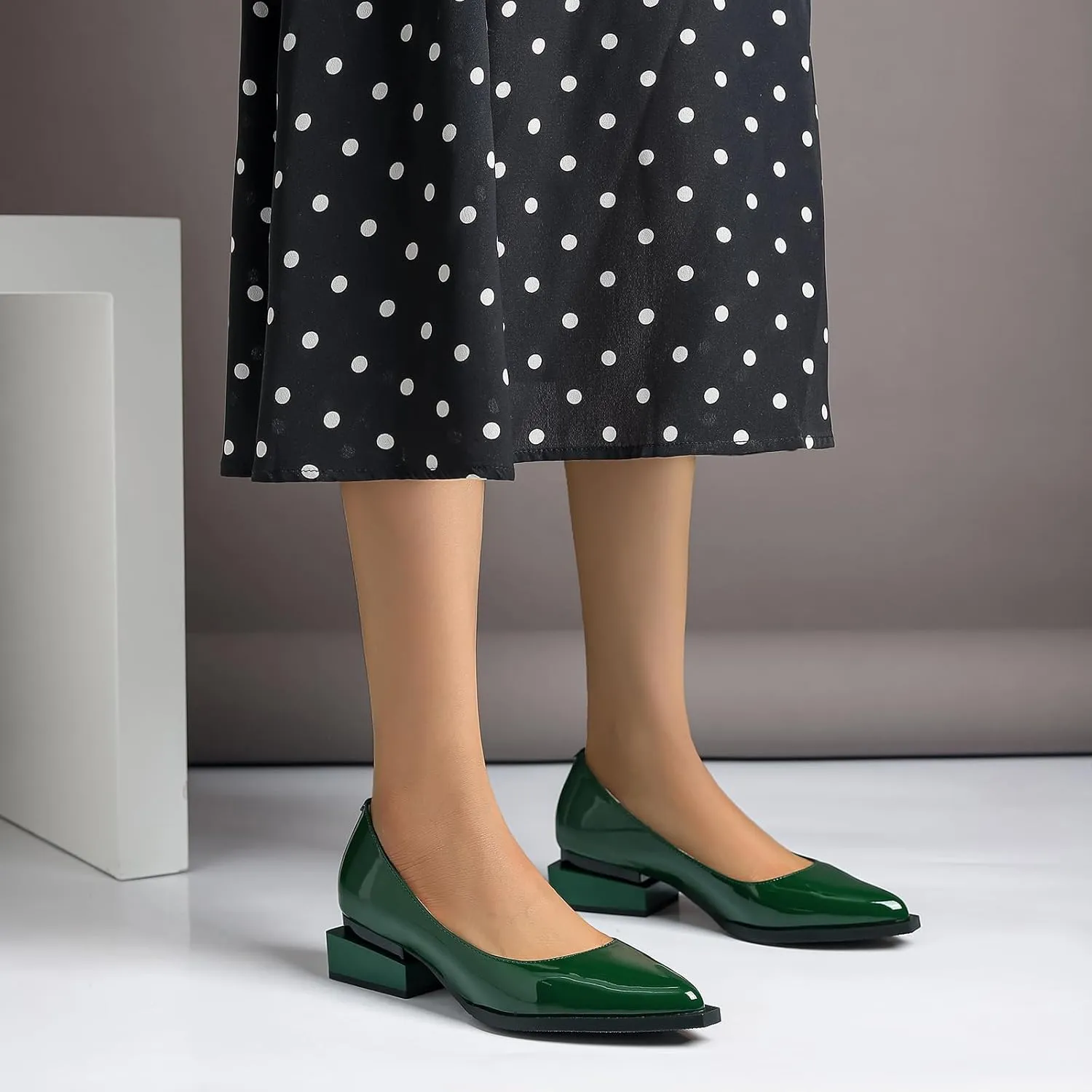 Women's Pump Shoes Overlapping Squared Chunky Red Heel Pointed Toe Pull On Patent PU Leather Daily Comfortable Women Dress Shoes