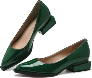Women's Pump Shoes Overlapping Squared Chunky Red Heel Pointed Toe Pull On Patent PU Leather Daily Comfortable Women Dress Shoes