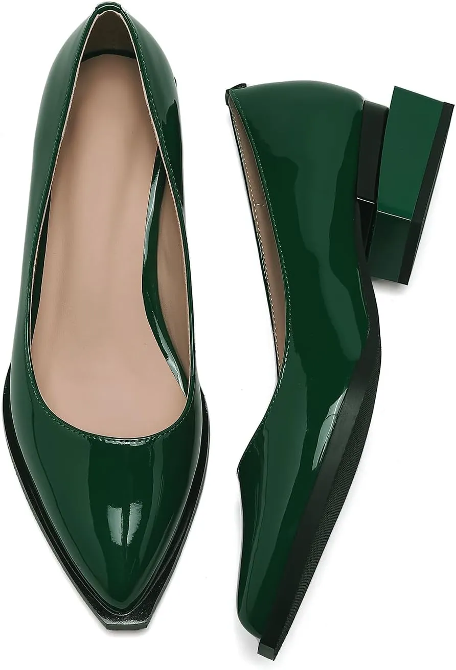 Women's Pump Shoes Overlapping Squared Chunky Red Heel Pointed Toe Pull On Patent PU Leather Daily Comfortable Women Dress Shoes