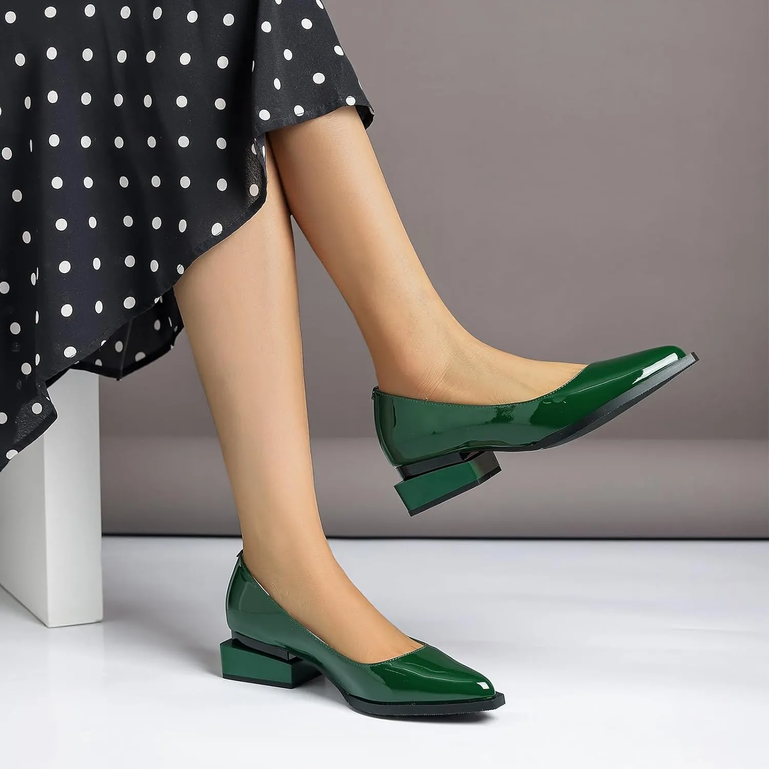 Women's Pump Shoes Overlapping Squared Chunky Red Heel Pointed Toe Pull On Patent PU Leather Daily Comfortable Women Dress Shoes