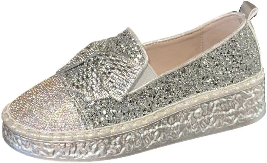 Women's Rhinestones Glitter Bow Platform Sneaker,Fashion Round Toe Closed Toe Slip-on Comfy Sneaker Casual Flat Loafers