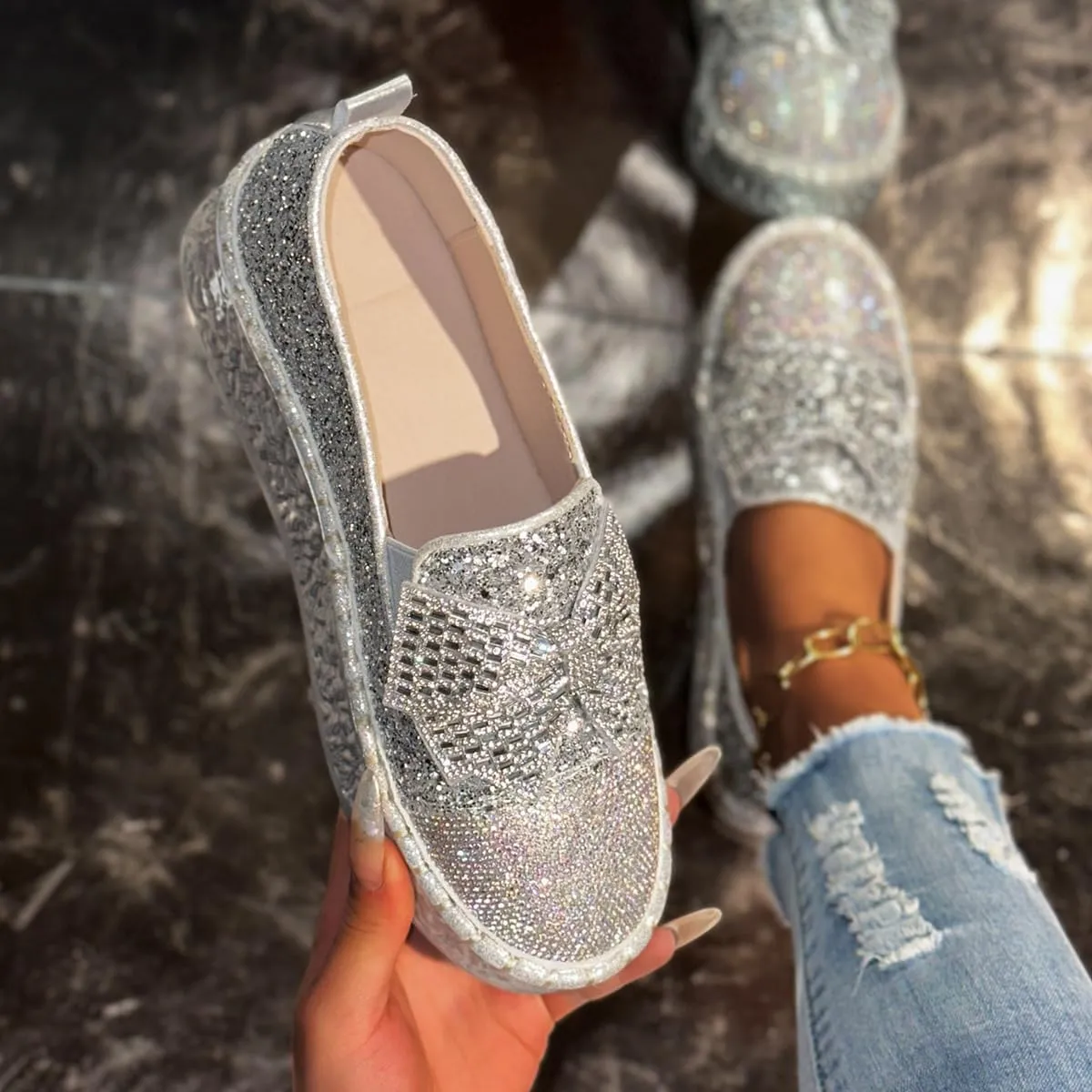 Women's Rhinestones Glitter Bow Platform Sneaker,Fashion Round Toe Closed Toe Slip-on Comfy Sneaker Casual Flat Loafers