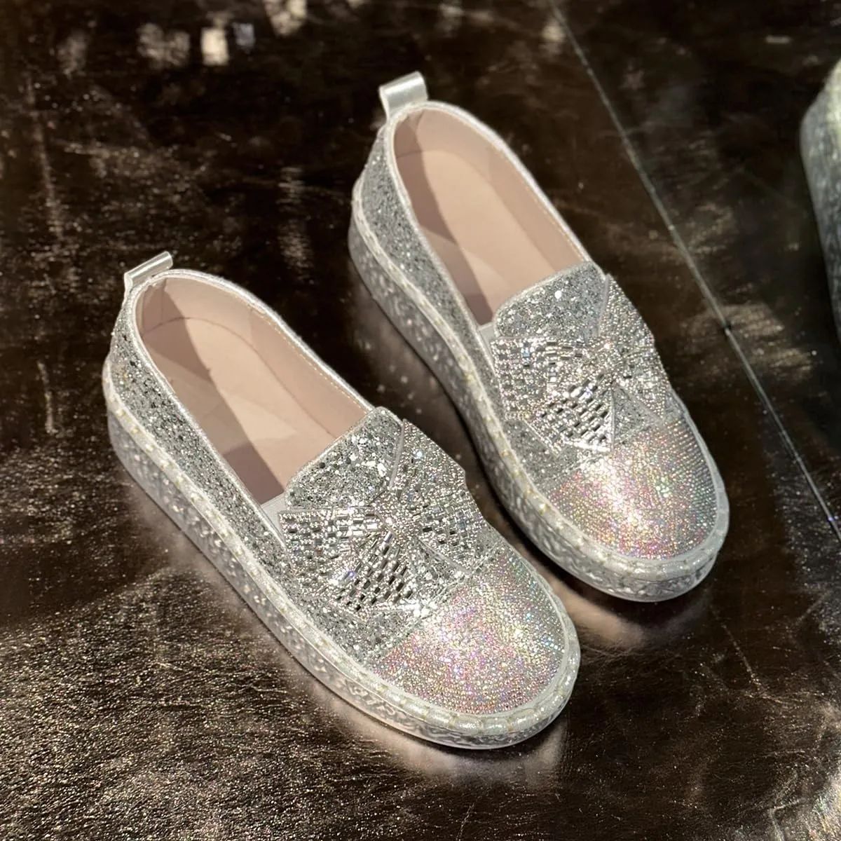 Women's Rhinestones Glitter Bow Platform Sneaker,Fashion Round Toe Closed Toe Slip-on Comfy Sneaker Casual Flat Loafers