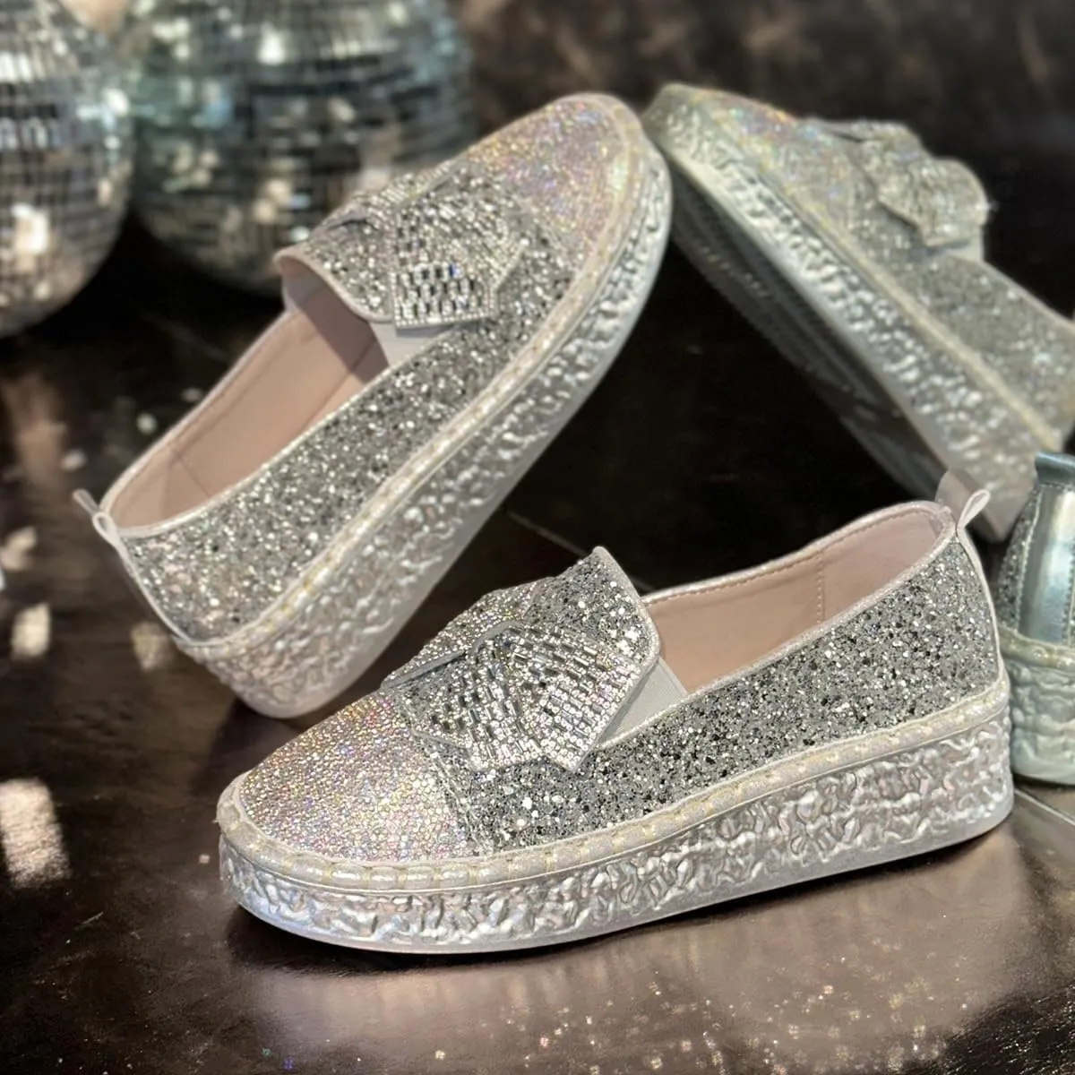 Women's Rhinestones Glitter Bow Platform Sneaker,Fashion Round Toe Closed Toe Slip-on Comfy Sneaker Casual Flat Loafers