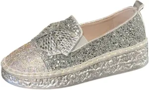 Women's Rhinestones Glitter Bow Platform Sneaker,Fashion Round Toe Closed Toe Slip-on Comfy Sneaker Casual Flat Loafers