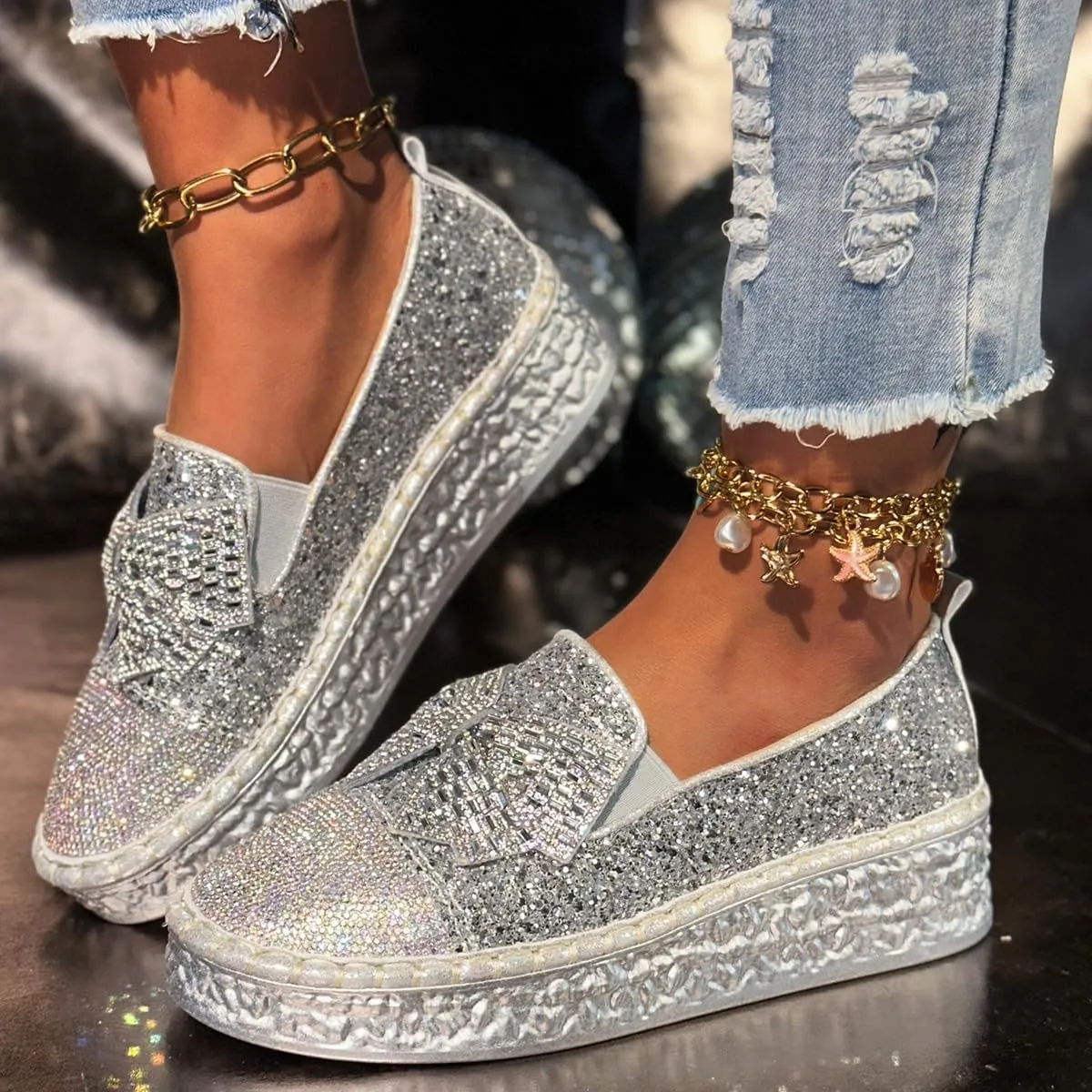 Women's Rhinestones Glitter Bow Platform Sneaker,Fashion Round Toe Closed Toe Slip-on Comfy Sneaker Casual Flat Loafers