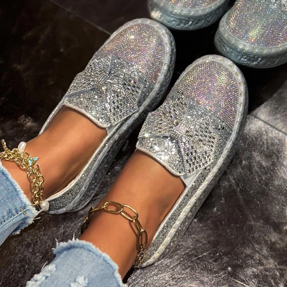 Women's Rhinestones Glitter Bow Platform Sneaker,Fashion Round Toe Closed Toe Slip-on Comfy Sneaker Casual Flat Loafers