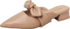 Women's Slide Over Mule Shoes, Bow Pointed, Backless Slippers, Lightweight Block Heel Mule Sandals