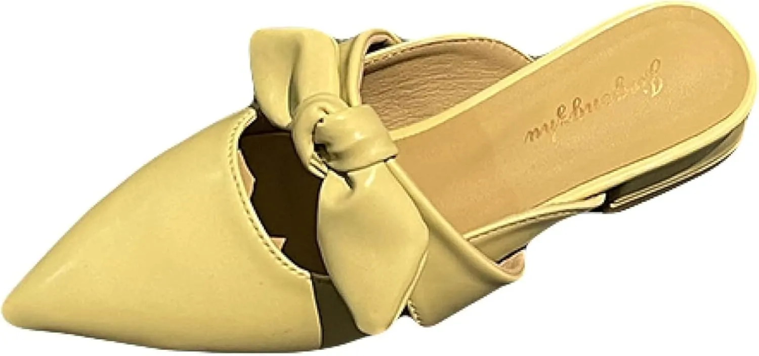 Women's Slide Over Mule Shoes, Bow Pointed, Backless Slippers, Lightweight Block Heel Mule Sandals