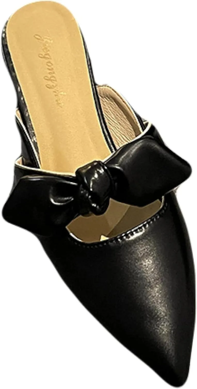 Women's Slide Over Mule Shoes, Bow Pointed, Backless Slippers, Lightweight Block Heel Mule Sandals
