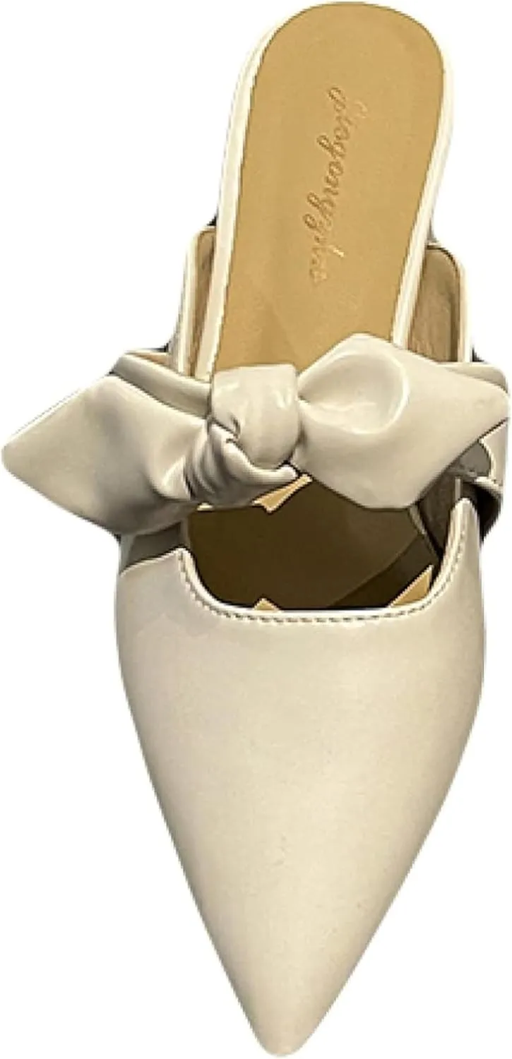 Women's Slide Over Mule Shoes, Bow Pointed, Backless Slippers, Lightweight Block Heel Mule Sandals