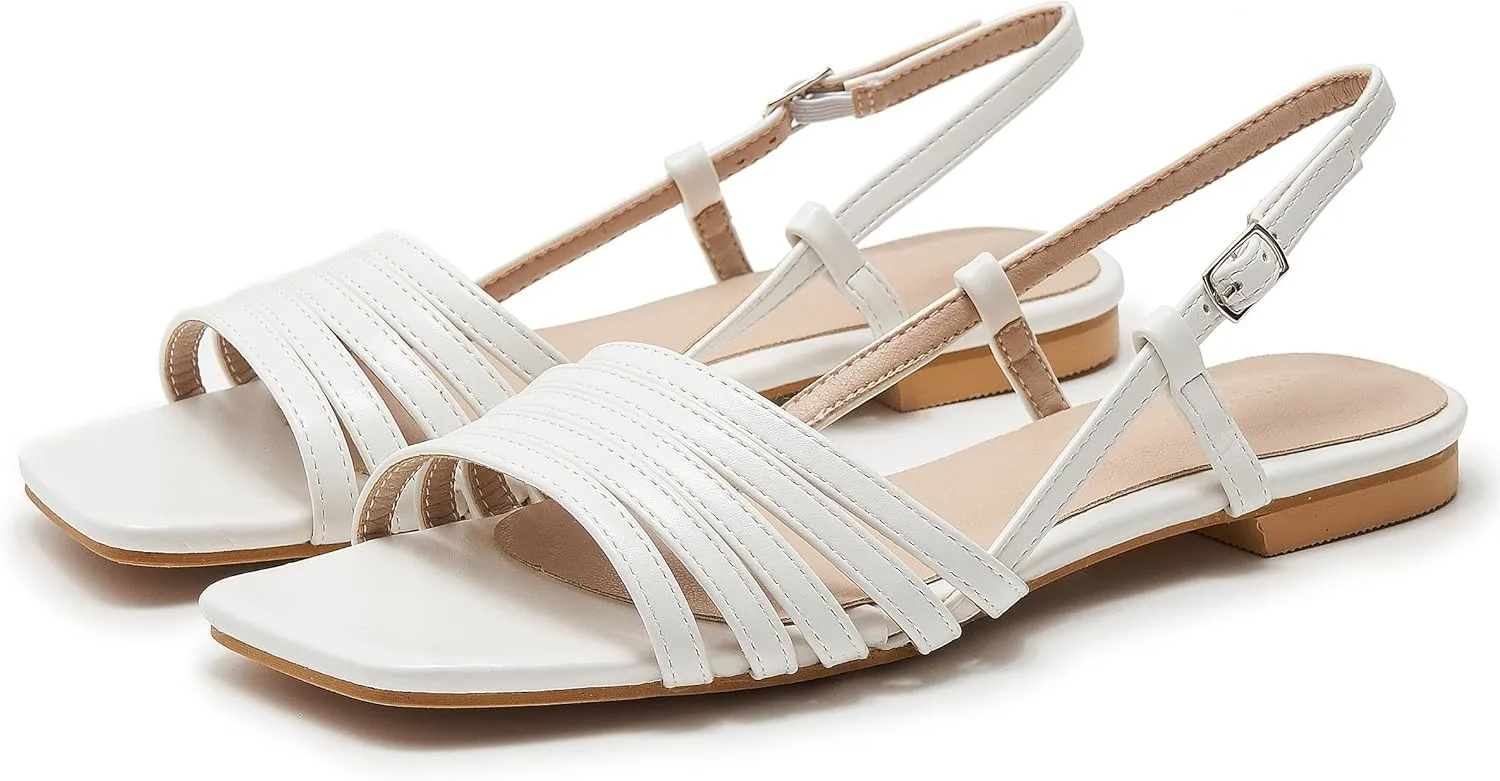 Women's Slingback Flats Sandals Open Square Toe Adjustable Ankle Strap Gladiator Flat-Sandal Summer Dresssy Cute Low Heel Shoes