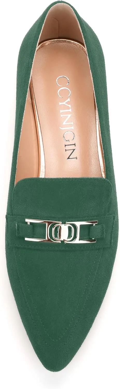 Womens Solid Slip On Pointed Toe Casual Flat Loafer, Metal Chain Loafers for Women Comfortable Fashion Work Flats Shoes