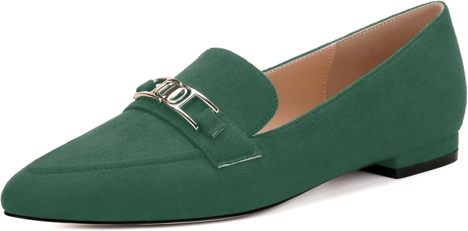 Womens Solid Slip On Pointed Toe Casual Flat Loafer, Metal Chain Loafers for Women Comfortable Fashion Work Flats Shoes