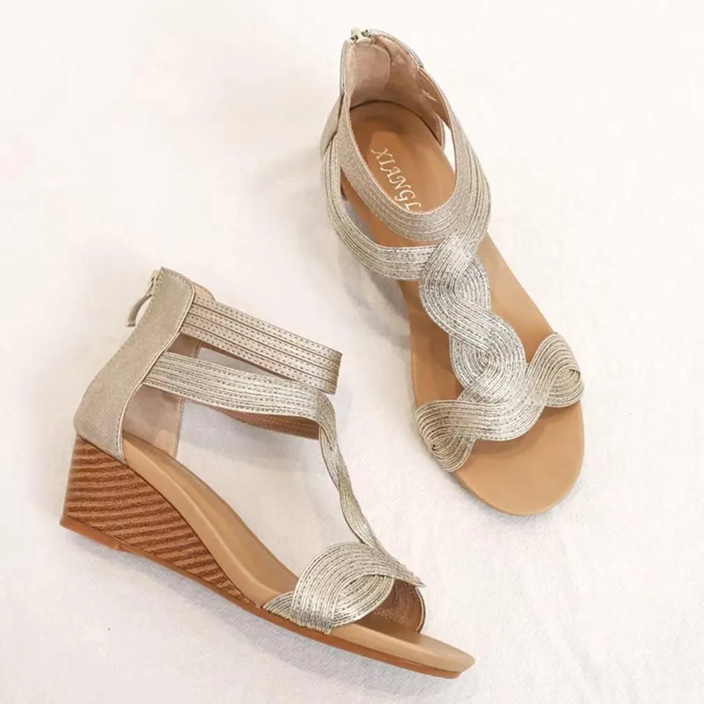 Women's Summer Wedge Sandals Gladiator Rhinestone High Heel Breathable Beach Sandals Roman Open Toe Casual Dress Sandals