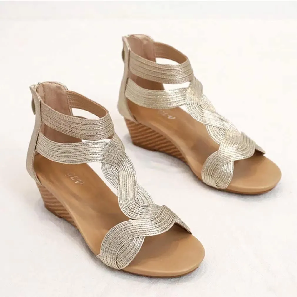 Women's Summer Wedge Sandals Gladiator Rhinestone High Heel Breathable Beach Sandals Roman Open Toe Casual Dress Sandals
