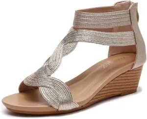 Women's Summer Wedge Sandals Gladiator Rhinestone High Heel Breathable Beach Sandals Roman Open Toe Casual Dress Sandals