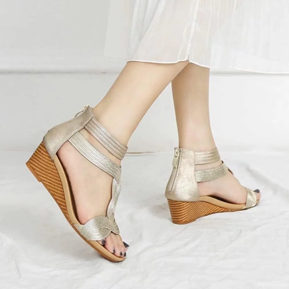 Women's Summer Wedge Sandals Gladiator Rhinestone High Heel Breathable Beach Sandals Roman Open Toe Casual Dress Sandals